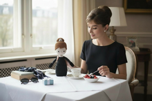 Load image into Gallery viewer, Audrey Hepburn–Inspired Crochet Doll | Handmade Amigurumi Doll | Classic Black Dress Doll | Timeless Style Gift