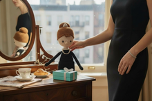Load image into Gallery viewer, Audrey Hepburn–Inspired Crochet Doll | Handmade Amigurumi Doll | Classic Black Dress Doll | Timeless Style Gift