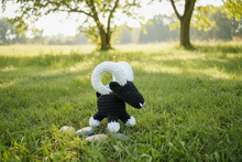 Load image into Gallery viewer, Crochet Black Ram Plush – Amigurumi Ram with White Horns – Handmade Stuffed Farm Animal
