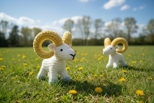 Load image into Gallery viewer, Crochet Black Ram Plush – Amigurumi Ram with White Horns – Handmade Stuffed Farm Animal
